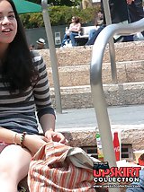 12 pictures - Very hot brunette in mini, up skirts sitting