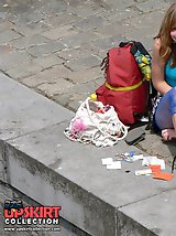 12 pictures - Upskirting - blonde teenie in blue leggings